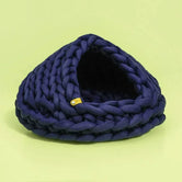 Chunky Knit Cocoon Cat Cave in ultra-thick hand-woven yarn, upper front view showing bold nested folds for a stylish boho look.