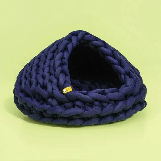 Chunky Knit Cocoon Cat Cave in ultra-thick hand-woven yarn, upper front view showing bold nested folds for a stylish boho look.