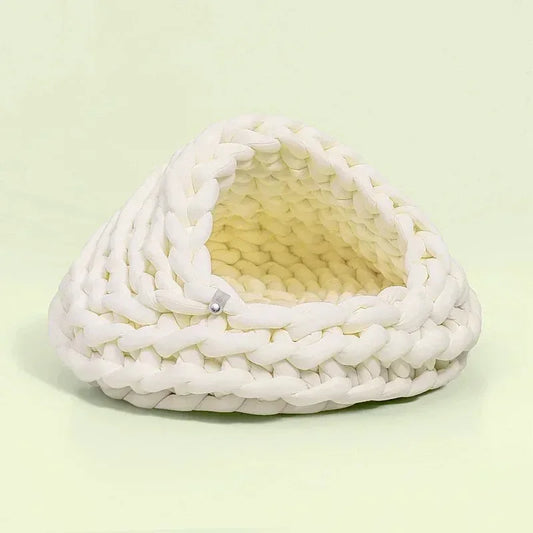 Chunky Knit Cocoon Cat Cave in ultra-thick hand-woven yarn, product shot front side view of semi-enclosed boho style, boho chic cat furniture.
