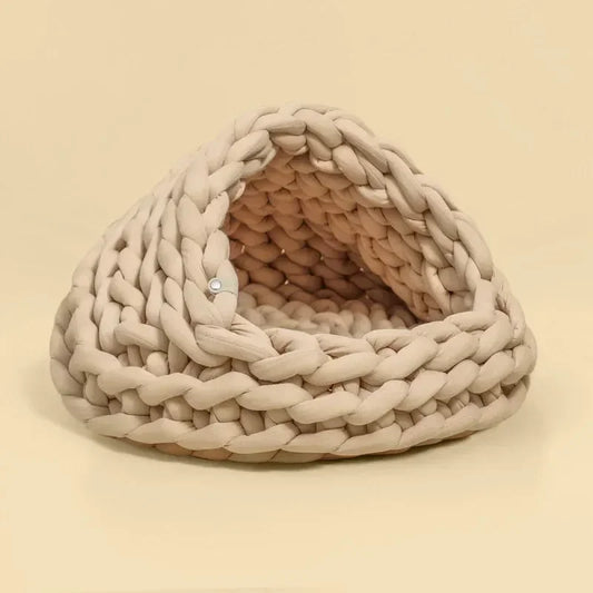 Chunky Knit Cocoon Cat Cave in ultra-thick hand-woven yarn, product shot lower front view of open semi-enclosed shape, for cozy caves & nests.