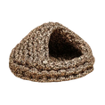 Load image into Gallery viewer, Chunky Knit Cocoon Cat Cave in ultra-thick hand-woven yarn, product shot upper side view of boho leopard print pattern.
