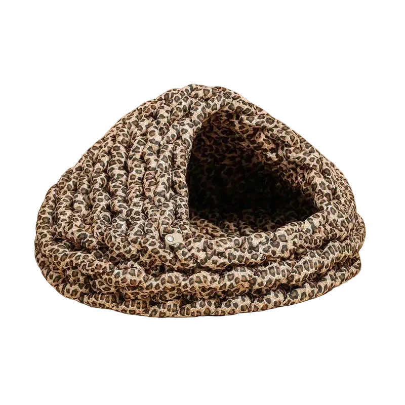 Chunky Knit Cocoon Cat Cave in ultra-thick hand-woven yarn, product shot upper side view of boho leopard print pattern.