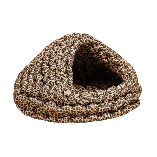 Chunky Knit Cocoon Cat Cave in ultra-thick hand-woven yarn, product shot upper side view of boho leopard print pattern.