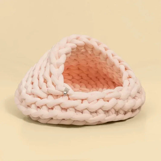 Chunky Knit Cocoon Cat Cave in ultra-thick hand-woven yarn, top edge view of the snug woven entrance, perfect for cats who love privacy.