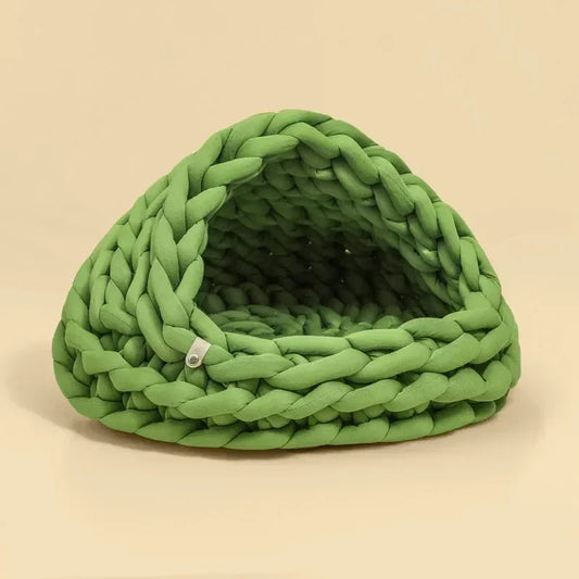 Chunky Knit Cocoon Cat Cave in ultra-thick hand-woven yarn, center front angle view of the cozy bold knit layers, adding texture to your home.