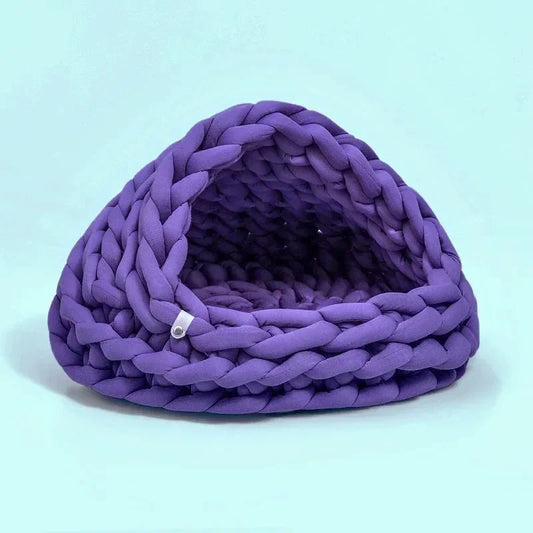Chunky Knit Cocoon Cat Cave in ultra-thick hand-woven yarn, lower top front view of the luxurious deep knit texture, premium cat bedding.