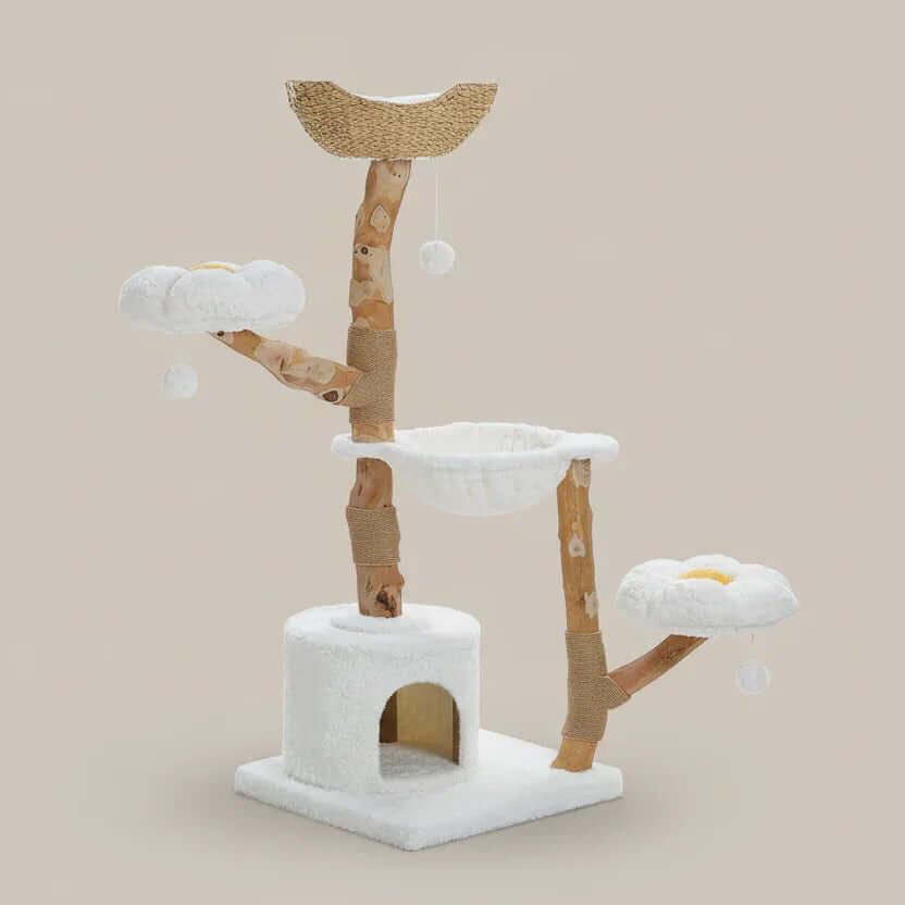 Cloud Forest Cat Tree in natural real wood, product shot back angle view of luxury cat cave, a modern cat tree.