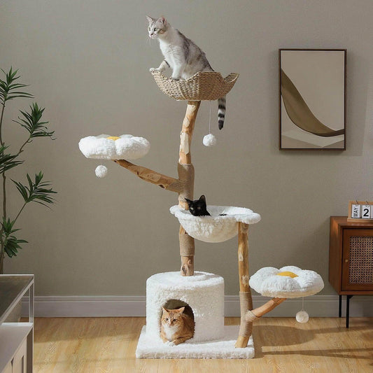 Cloud Forest Cat Tree in natural real wood and white plush, front view of modern furniture with cozy condo, luxury cat furniture that matches home decor.
