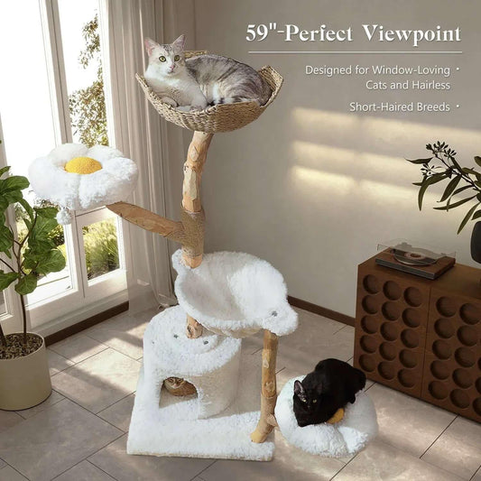 Cloud Forest Cat Tree in natural real wood and white plush, side view of luxury cat climbing, a sturdy cat tree for large cats.