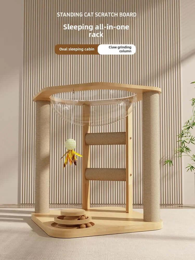Cubby Gym 4-in-1 Wooden Cat Activity center with clear acrylic hammock, top-down view of wave floor and suspended toy, unique cat furniture for small spaces.