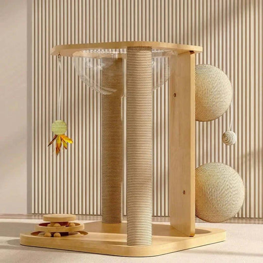 Cubby Gym 4-in-1 Wooden Cat Activity center with clear acrylic hammock, angled detail view of hanging toy, a comprehensive cat condo for kittens.