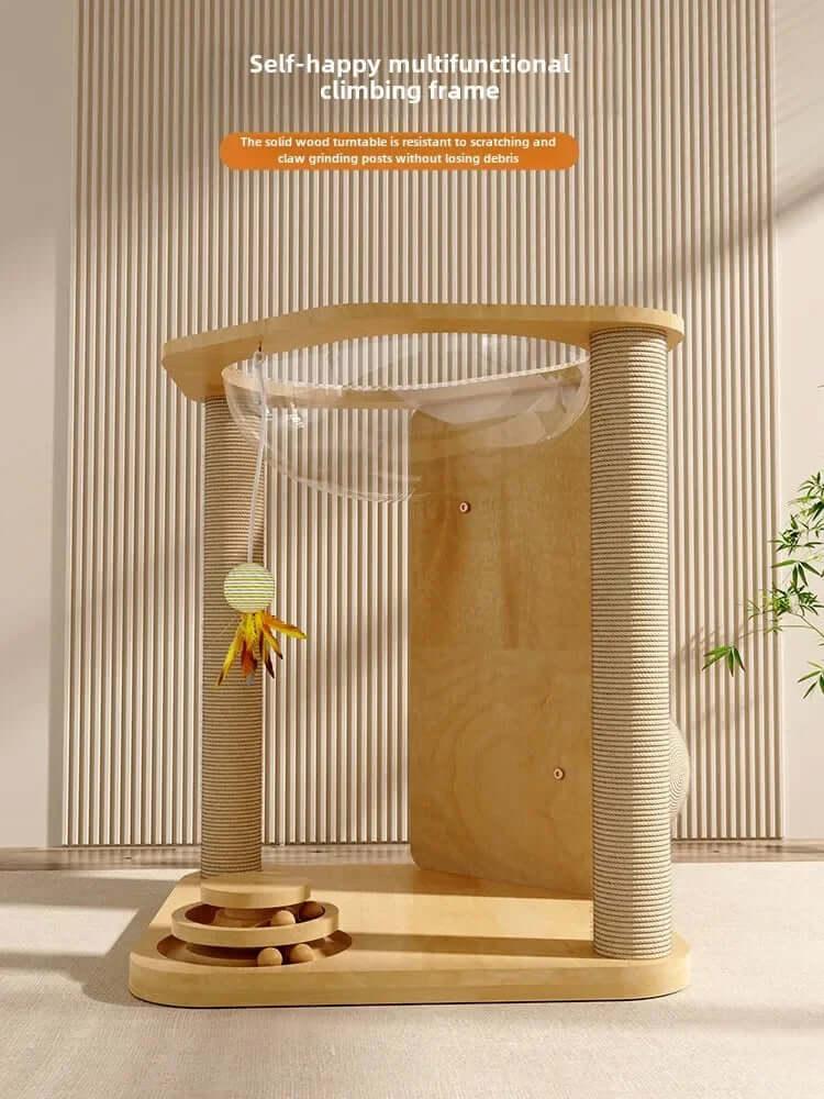 Cubby Gym 4-in-1 Wooden Cat Activity center with clear acrylic hammock, front view of multi-level design, a compact small cat tree.