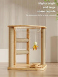 Load image into Gallery viewer, Cubby Gym 4-in-1 Wooden Cat Activity center with clear acrylic hammock, left side view of ribbed post and layered base, a durable cat scratching post.
