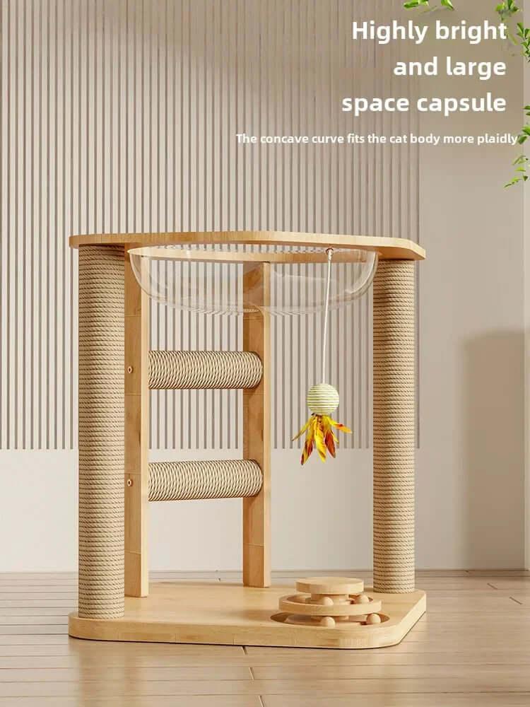 Cubby Gym 4-in-1 Wooden Cat Activity center with clear acrylic hammock, left side view of ribbed post and layered base, a durable cat scratching post.