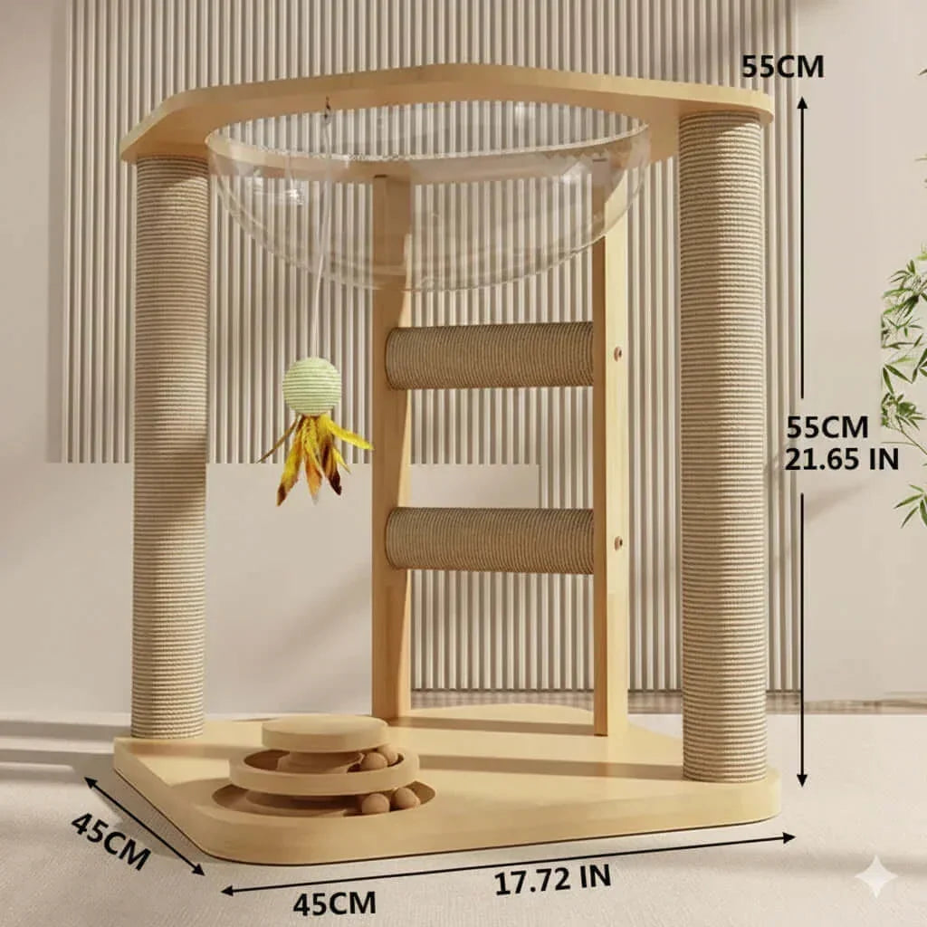 Cubby Gym 4-in-1 Wooden Cat Activity center with clear acrylic hammock, back angled view of captive trackball toy, an engaging kitty condo.