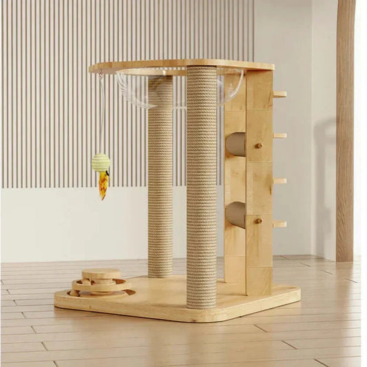 Cubby Gym 4-in-1 Wooden Cat Activity center with clear acrylic hammock, side view of sisal scratcher on a cat activity center.