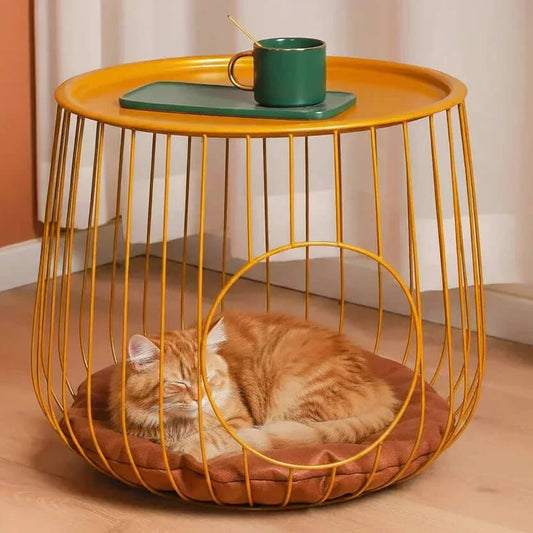 Gilded Lounge cat bed side table in home — gold wireframe, clever cat furniture for small apartments