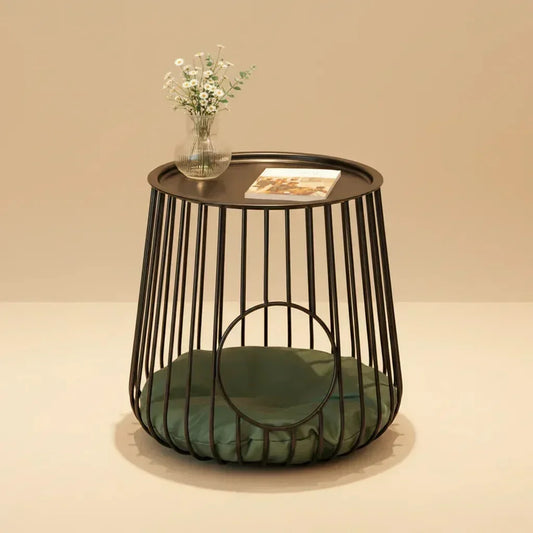 Gilded Lounge gold cylinder cat bed side table — geometric wireframe luxury cat furniture statement