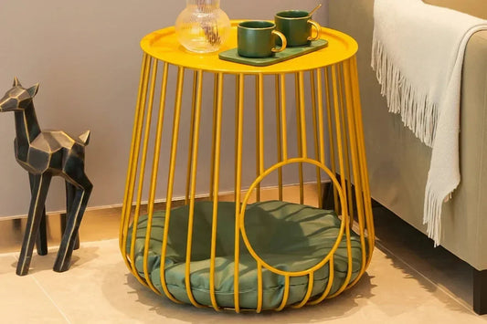 Gilded Lounge gold wireframe cat side table with tray top — functional designer cat furniture