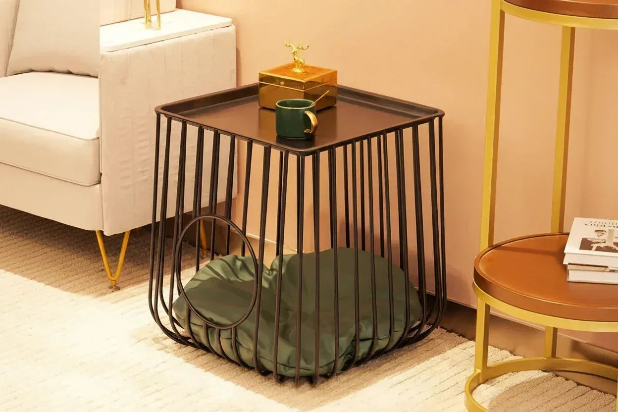 Gilded Lounge matte black basket cat side table — luxury wireframe cat bed and functional table
