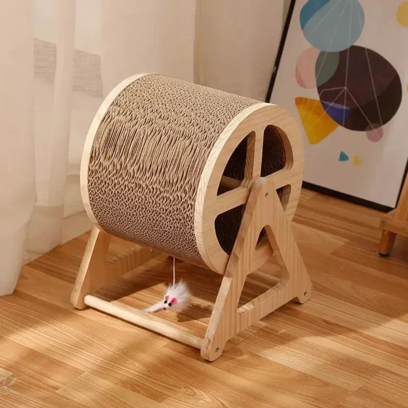 Infinity Spin Interactive Rotating in honeycomb cardboard and wood, angled side-front view of modern luxury cat furniture, a designer cat tree statement.