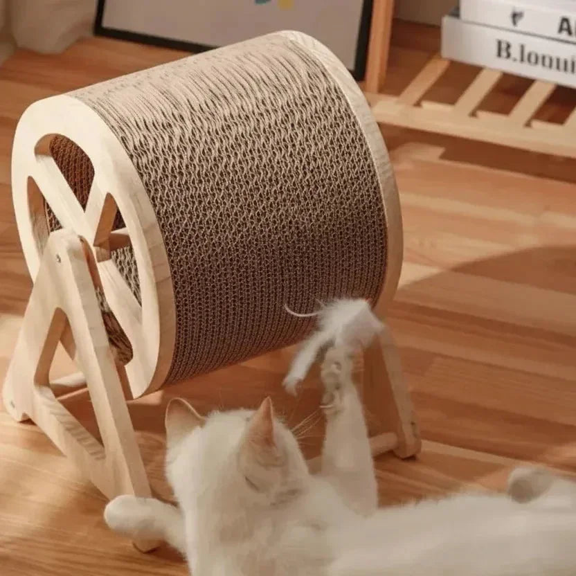 Infinity Spin Interactive Rotating in honeycomb cardboard and wood, top-angle view of interactive modern luxury, not cheap cat trees.