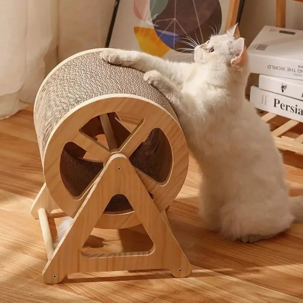 Infinity Spin Interactive Rotating wheel in honeycomb cardboard and wood, side view of interactive exercise wheel, luxury cat furniture for exercise.