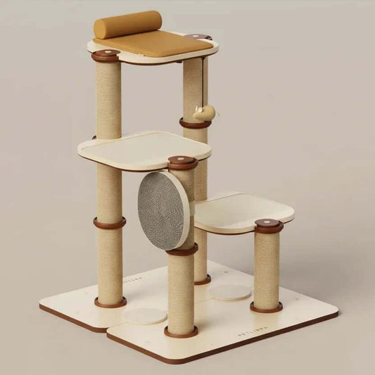 Ivory Steps Modular Cream Cat Tree in cream plush and wood, product shot front angled view of modular cat tree system.