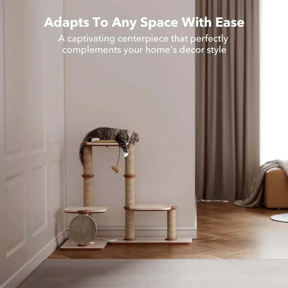 Ivory Steps Modular Cream Cat Tree, interior room view of space-saving corner design, a space-saving cat tree for apartments.