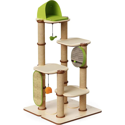 Ivory Steps Modular Cream Cat Tree in cream plush and wood, product shot front angled view of modular cat tree system.