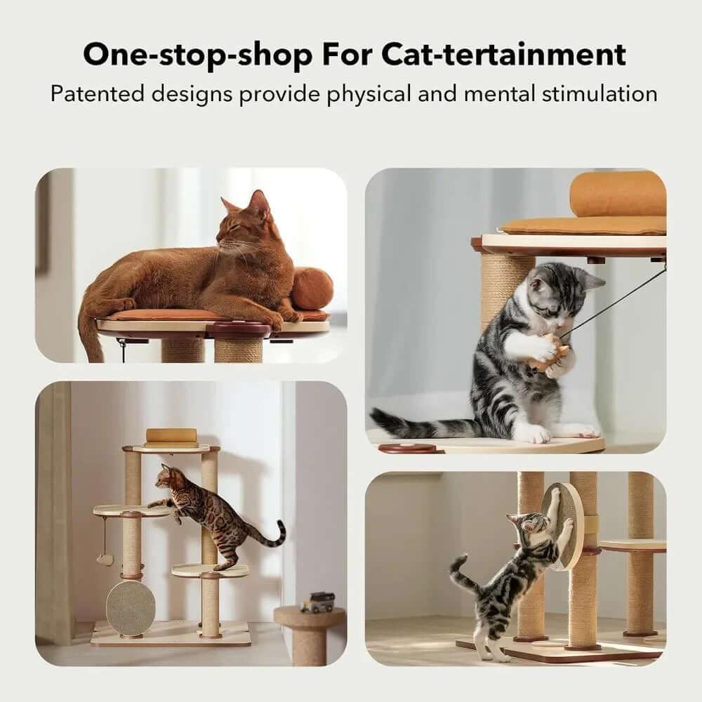 Ivory Steps Modular Cream Cat Tree, side multi-angle view of multi-level interactive design, a fun cat climbing tower.