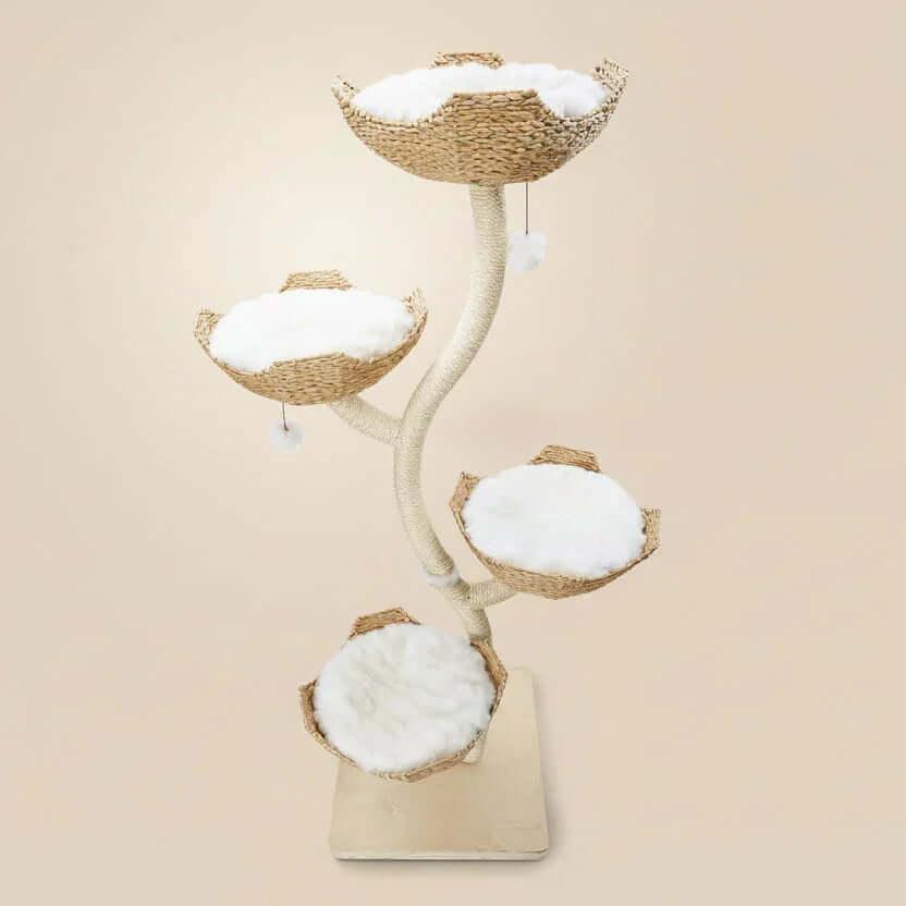 Lotus Tower 2 in Japandi Rattan, product shot front view of the 4-level luxury cat tree for sophisticated homes.