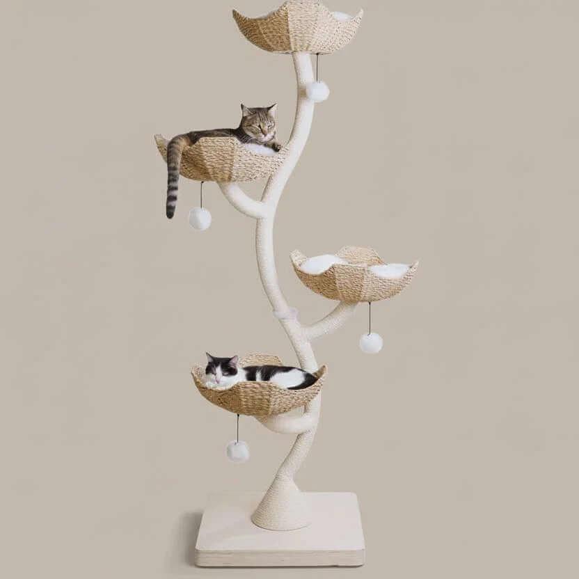 Lotus Tower 2 in Japandi Rattan, product shot angled view of the branching design, a cat tree that looks like a tree.