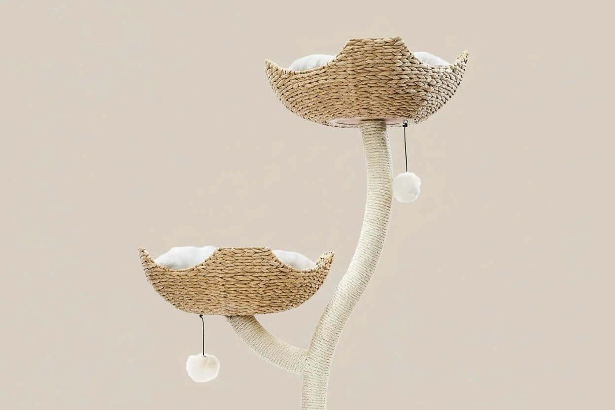 Lotus Tower 2 in Japandi Rattan, product shot top detail view of the elevated basket, a high-end cat furniture perch.