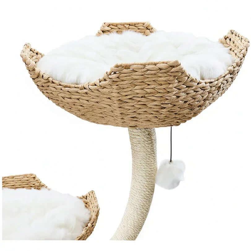 Lotus Tower 2 in Japandi Rattan, product shot detail shot of the woven basket, showing hand-woven cat basket craftsmanship.