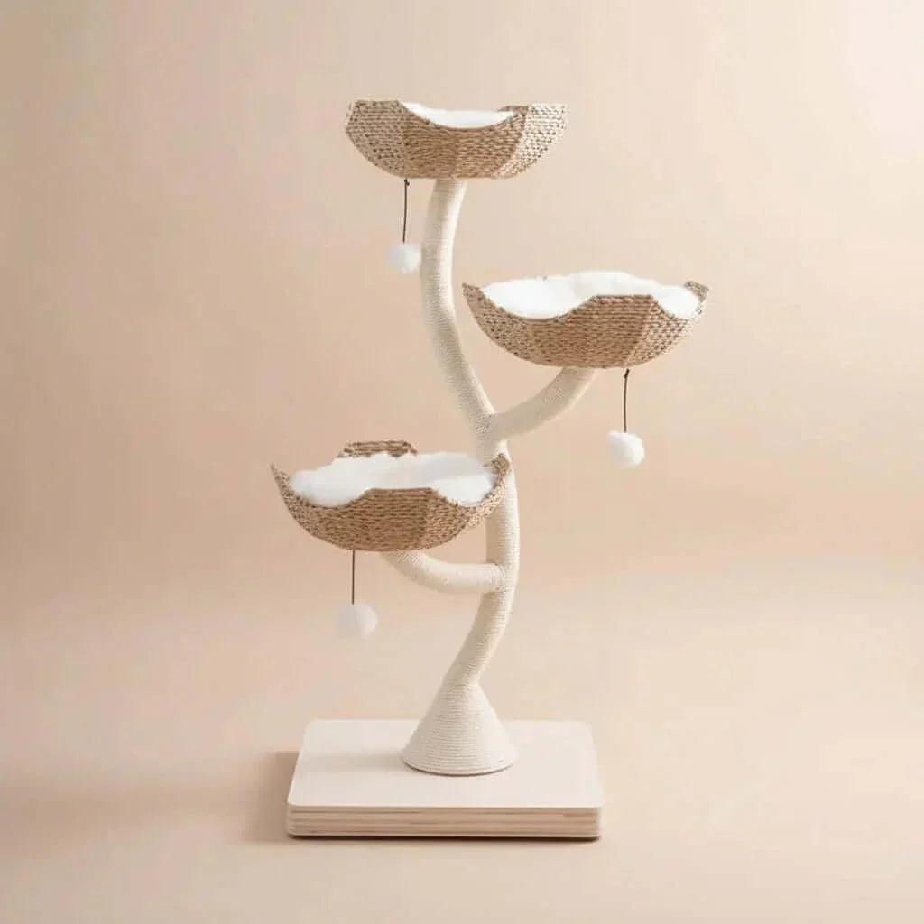 Lotus Tower Japandi Flower Cat Tree in cream and wicker, product shot front view of flower baskets, an aesthetic cat tower.