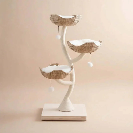 Lotus Tower Japandi Flower Cat Tree in cream and wicker, product shot front view of flower baskets, an aesthetic cat tower.