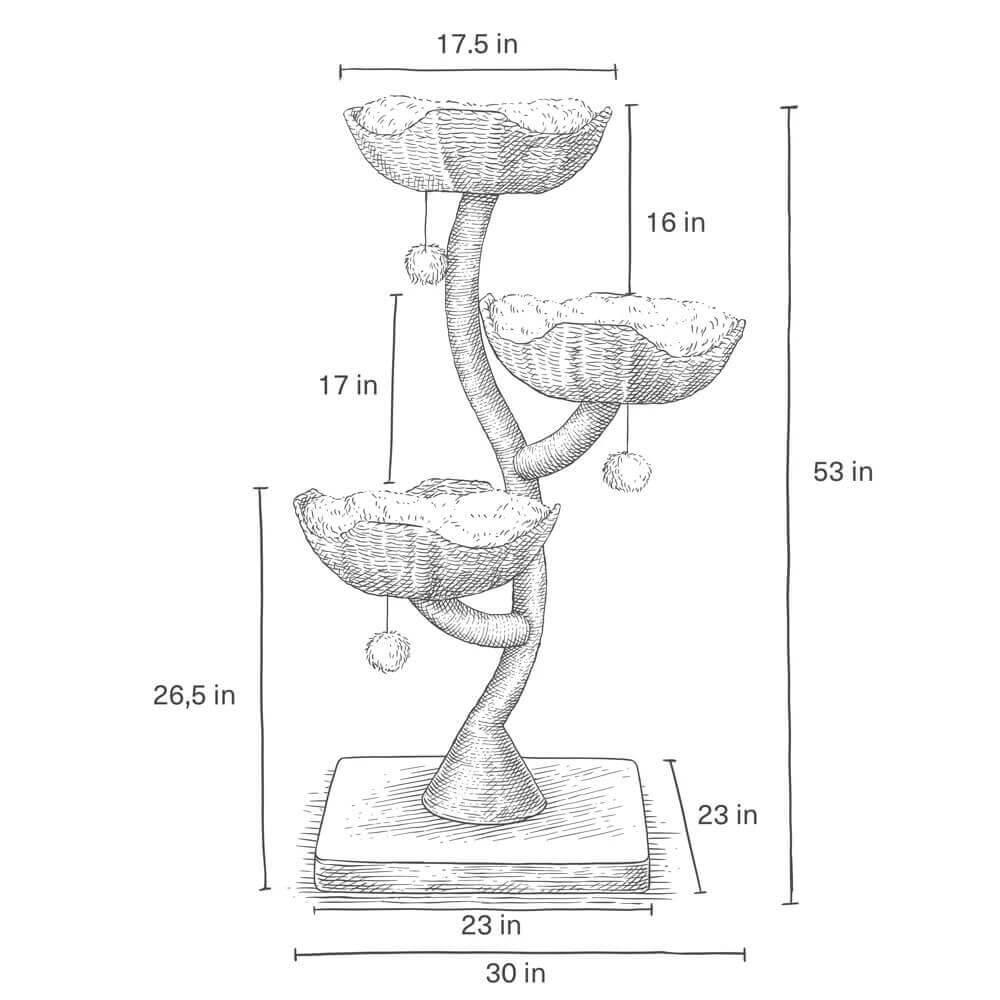 Lotus Tower Japandi Flower Cat Tree product shot, schematic view of the curved trunk, a sturdy cat tower for Maine Coons.