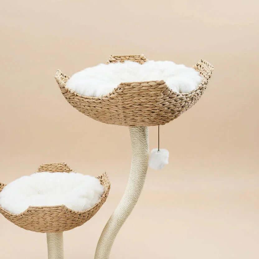 Lotus Tower Japandi Flower Cat Tree product shot, close-up top view of padded basket tops with washable cat bed pads.