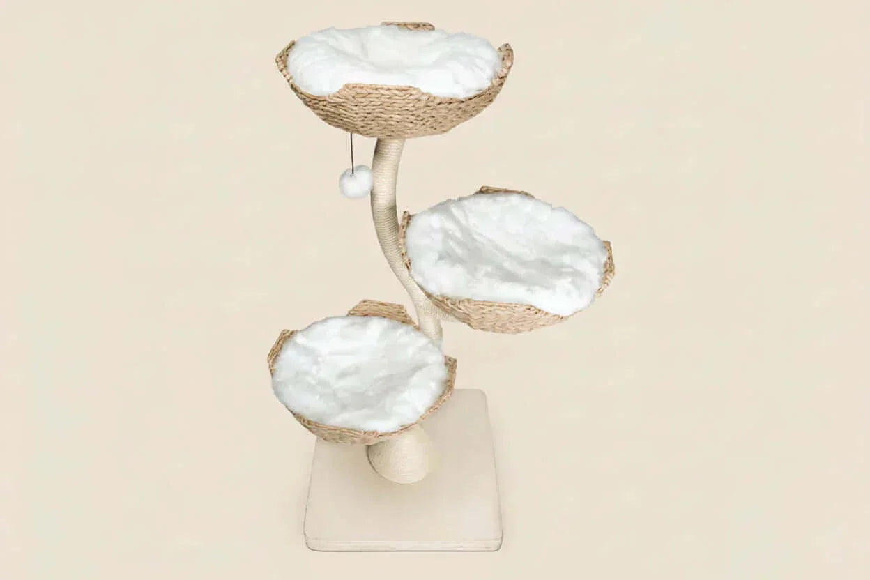 Lotus Tower Japandi Flower Cat Tree product shot, top-down view of pom toy under basket, a designer cat tree.
