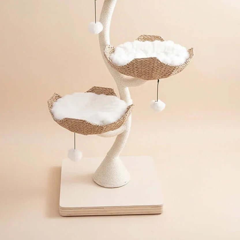 Lotus Tower Japandi Flower Cat Tree product shot, angled detail of the curved scratching post, a sisal rope style.