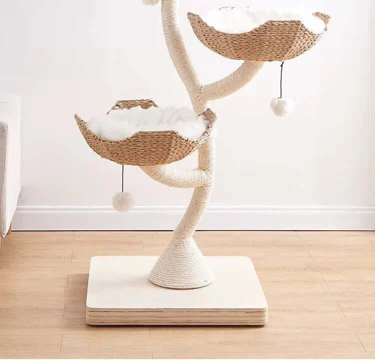 Lotus Tower Japandi Flower Cat Tree, close-up view of double pom toys on a luxury cat tree with play value.