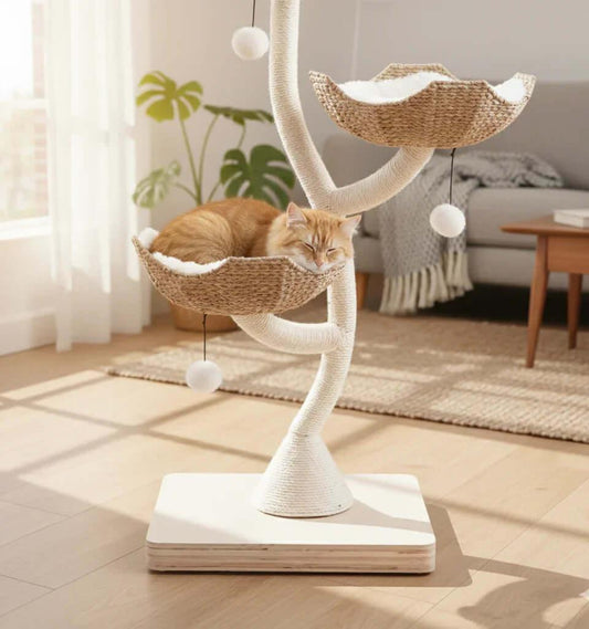 Lotus Tower Japandi Flower Cat Tree in cream and wicker, side view of elevated flower baskets, distinctive modern cat furniture.