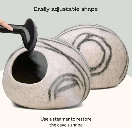 Merino wool felt cat cave side view — adjustable shape, eco-friendly felted cat bed cave