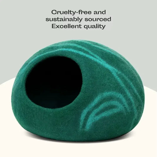 Merino Cocoon emerald green felted cat cave — minimalist arc design, 100% wool cat bed hideaway