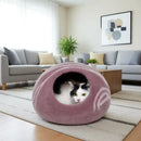 Merino Cocoon gold rose felt cat cave in living room — wool cat hideaway, Japandi home decor