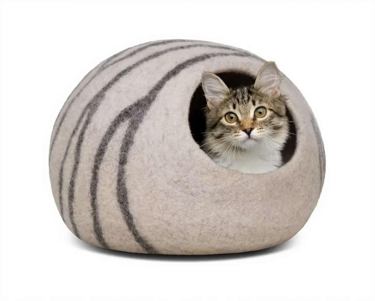 Merino Cocoon in 100% New Zealand wool, product shot front view of the cozy hideaway, modern premium indoor cat furniture.