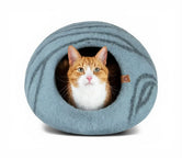 Merino Cocoon aquamarine wool felt cat cave — 100% New Zealand Merino, felted cat bed hideaway