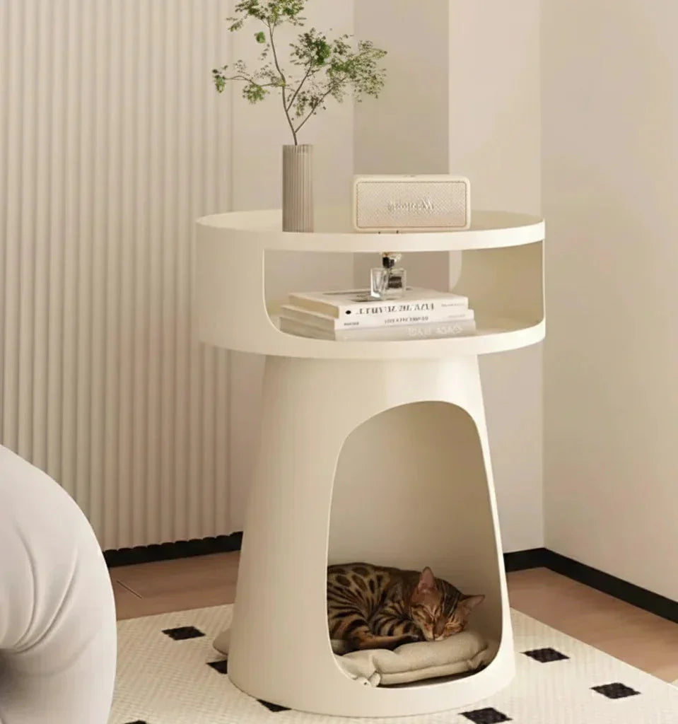 Midnight Den Modern Nightstand in cream white, front side view of cylindrical design, a sleek cat cave bed nightstand.