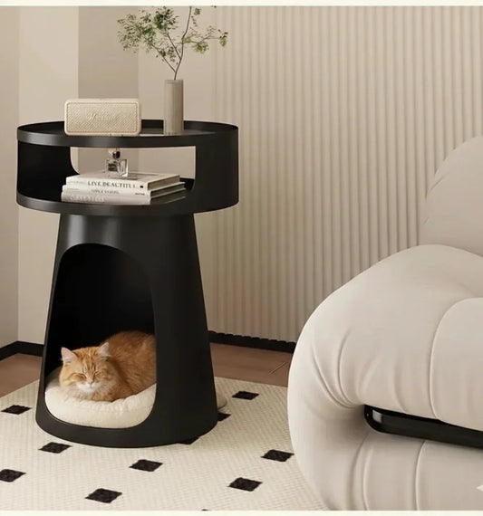 Midnight Den matte black nightstand with cat cave — smooth round opening, cat furniture for bedrooms